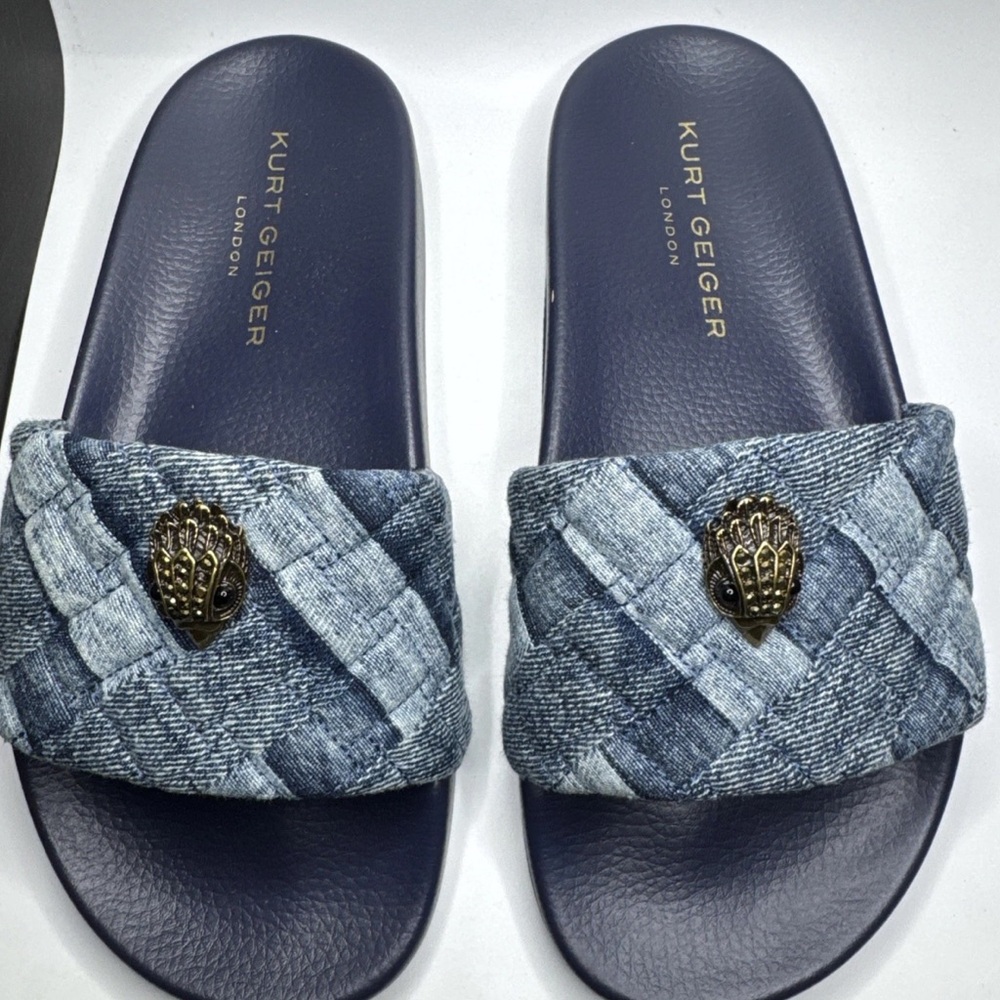Kurt Geiger Blue Denim Slides with Gold Emblem